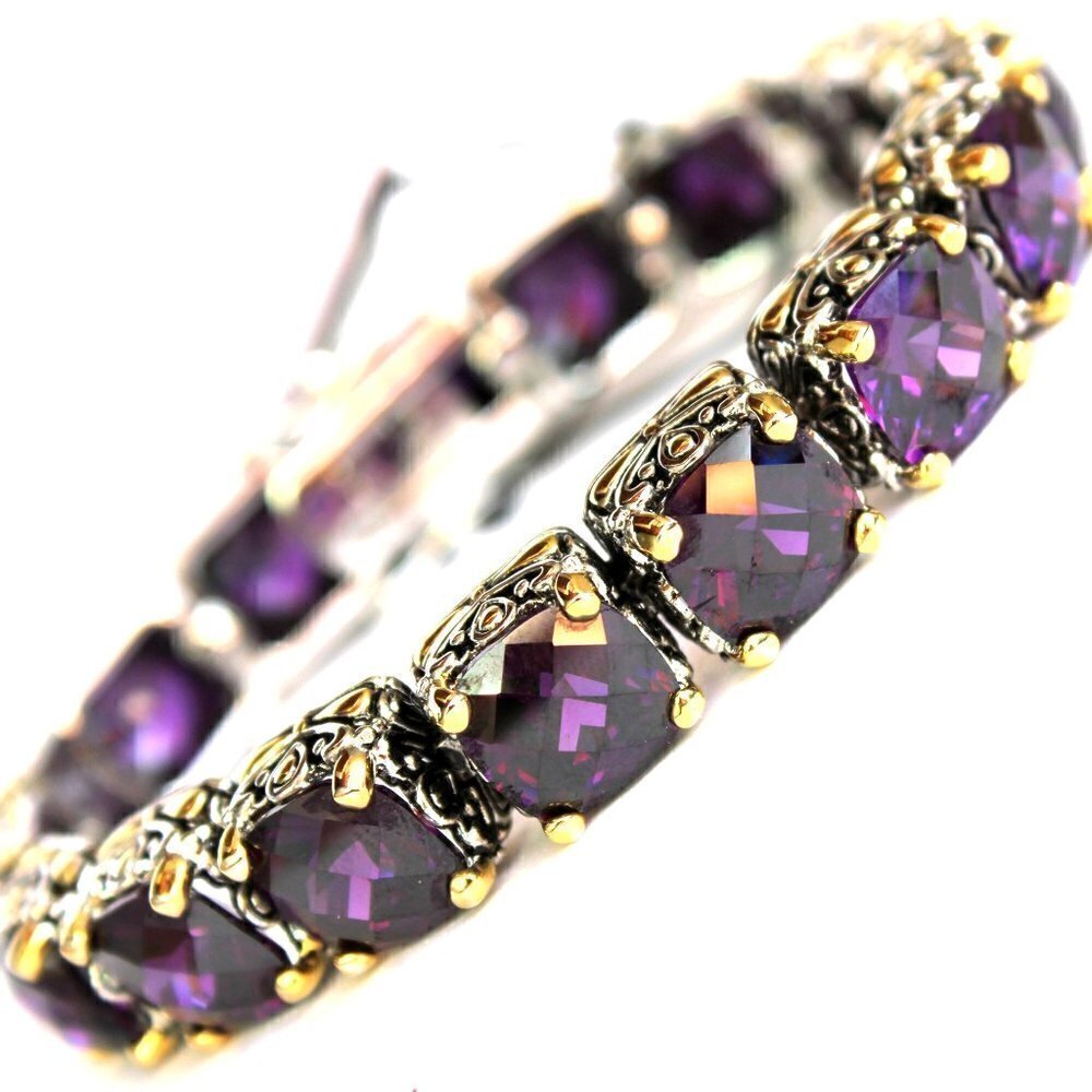Checkerboard Cut Dark Amethyst Two Tone Throne Room Chunky Tennis CZ Bracelet